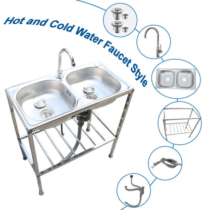 Dubbele Wasbak – RVS Spoelbak – Vrijstaande Wasbak – Draagbare Wasbak – Keuken Wasbak – Roestvrij Staal – Warm- en Koudwaterkraan – Afmetingen 75x40x83 cm