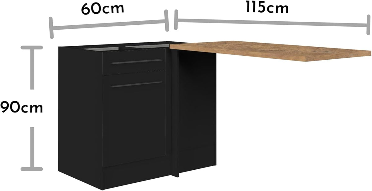 Jazz Moderne hoekkast, keuken met werkblad in mat zwart, lanzelot eikenlook, ruime hoekonderkast met veel opbergruimte, 115 x 90 x 60 cm (b x h x d)