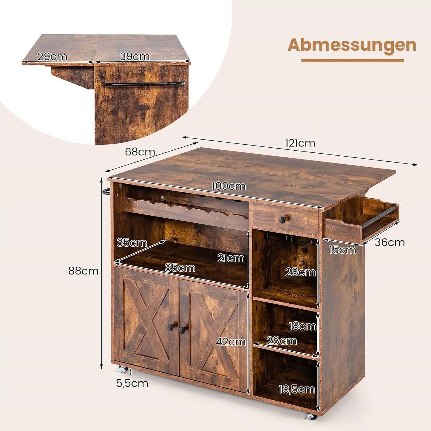 Keukentrolley – Serveerwagen – Keukenwagen – Werktafel – Dessertewagen – Uitklapbaar Werkblad – Wijnrek Voor 7 Flessen – Houten Keukenwagen Bruin