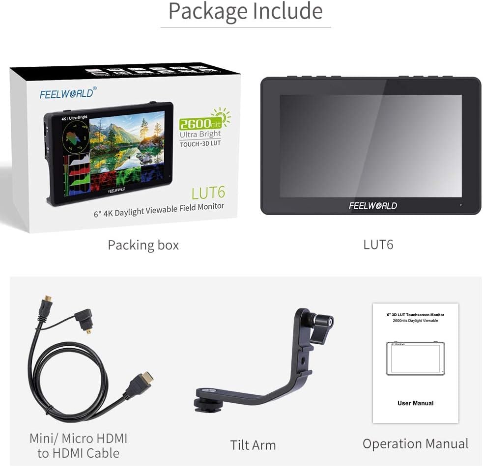 FEELWORLD LUT6 2600Nit Video Field Monitor 6 Inch TouchScreen Camera Monitor with 3D LUT, HD 1920x1080 IPS,4K HDMI Input/Loop Output,HDR Waveform,Focus Video Assist for DSLR - QUORE