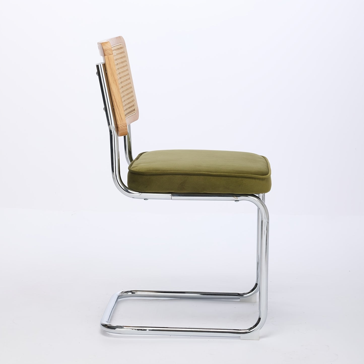 Two-piece Medieval-modern Dining Chair Set | Velvet Upholstered Seats, Natural Rattan Backrests, Stainless Steel Chrome-plated Base in Olive Green, Classic Style, Spot-clean Care