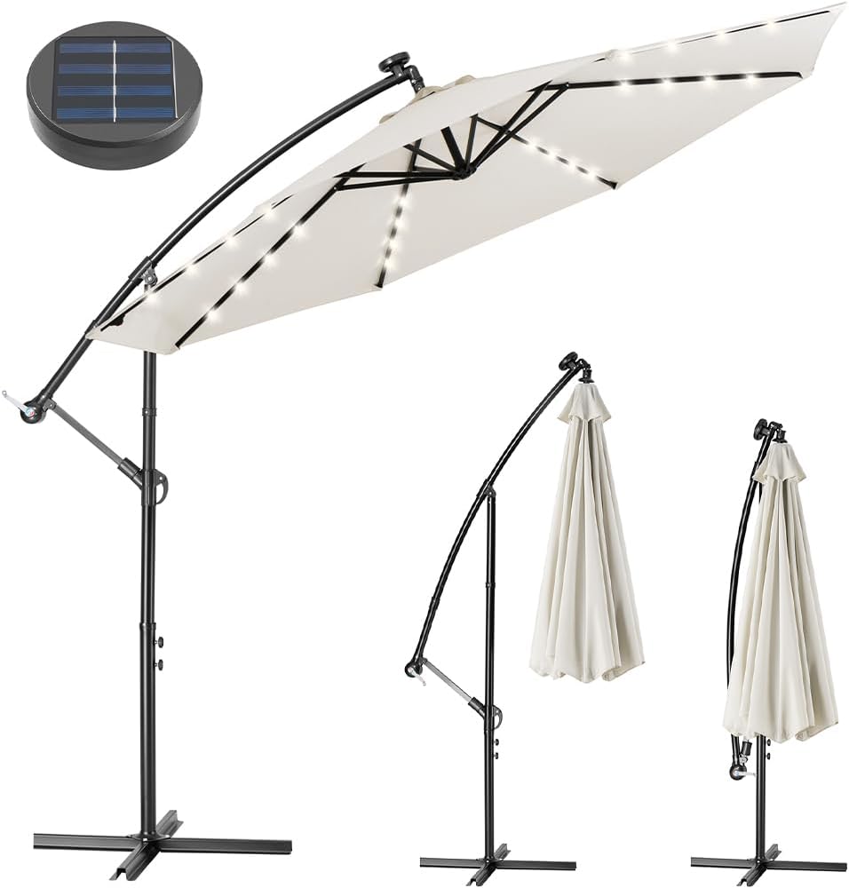 BAKAJI Parasol voor tuin en terras met 32 leds en zonnepaneel, afmetingen 3 x 3 m, inklapbaar, zijmast, gedecentraliseerd staal, kruisvoet van UV-bestendige stof
