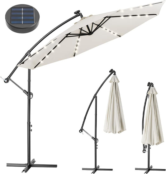 BAKAJI Parasol voor tuin en terras met 32 leds en zonnepaneel, afmetingen 3 x 3 m, inklapbaar, zijmast, gedecentraliseerd staal, kruisvoet van UV-bestendige stof