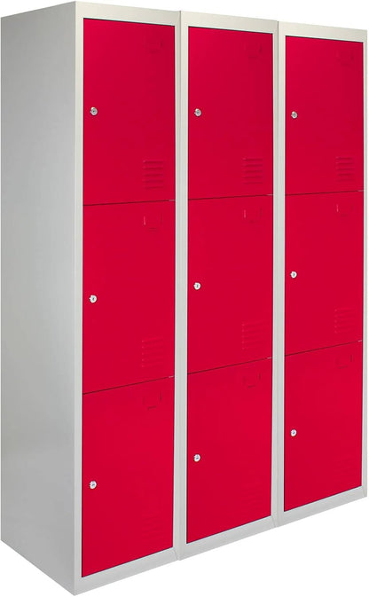 Monster Shop 3 x Red 3 Door Metal Storage Lockers, Blue & Grey Steel Lockable Unit, Gym Dressing Room School Staff Locker - QUORE