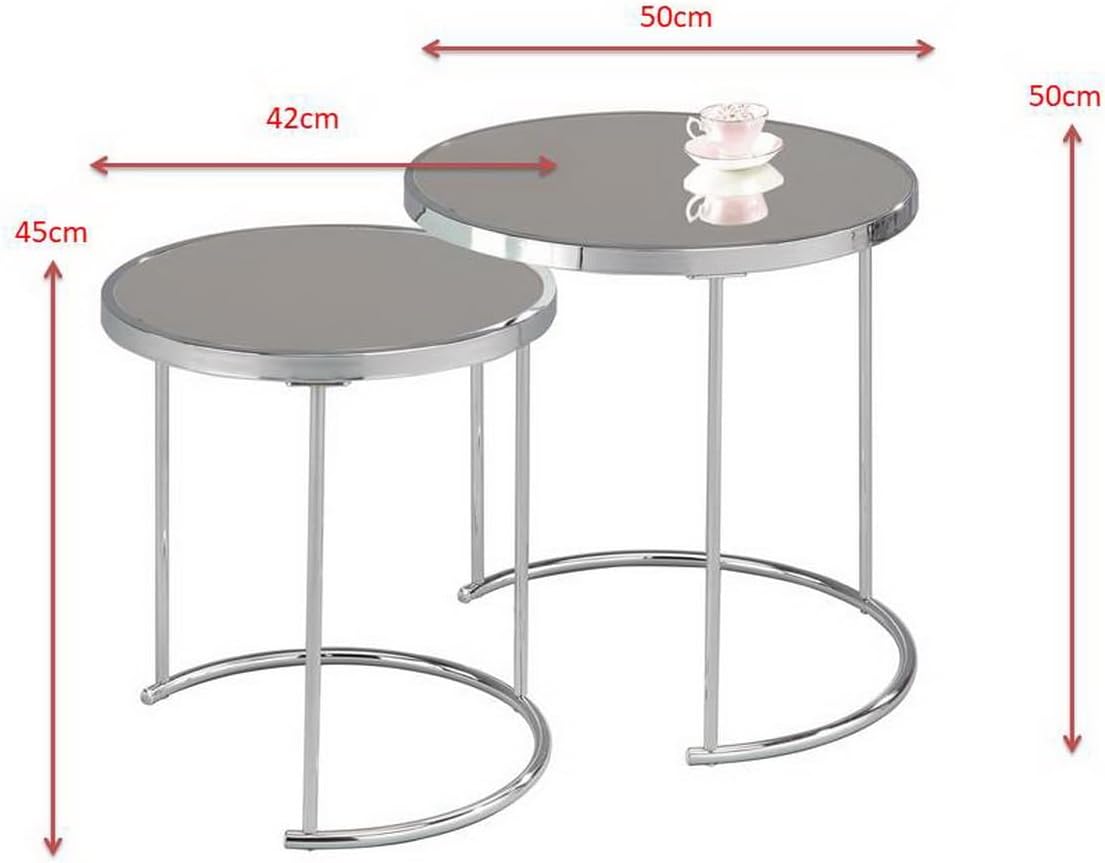 ASPECT Visio Set van 2 ronde Nesting Tafelblad, Spiegel/Chroom, 50x50x50 cm