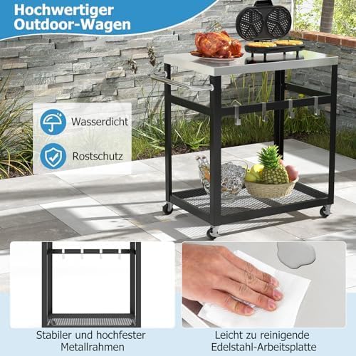 Grilltafel voor buiten, serveerwagen met 2 planken, 4 wielen, handvat en 4 haken, pizzatafel, bijzettafel, grillwagen voor achtertuin, terras (2 planken)