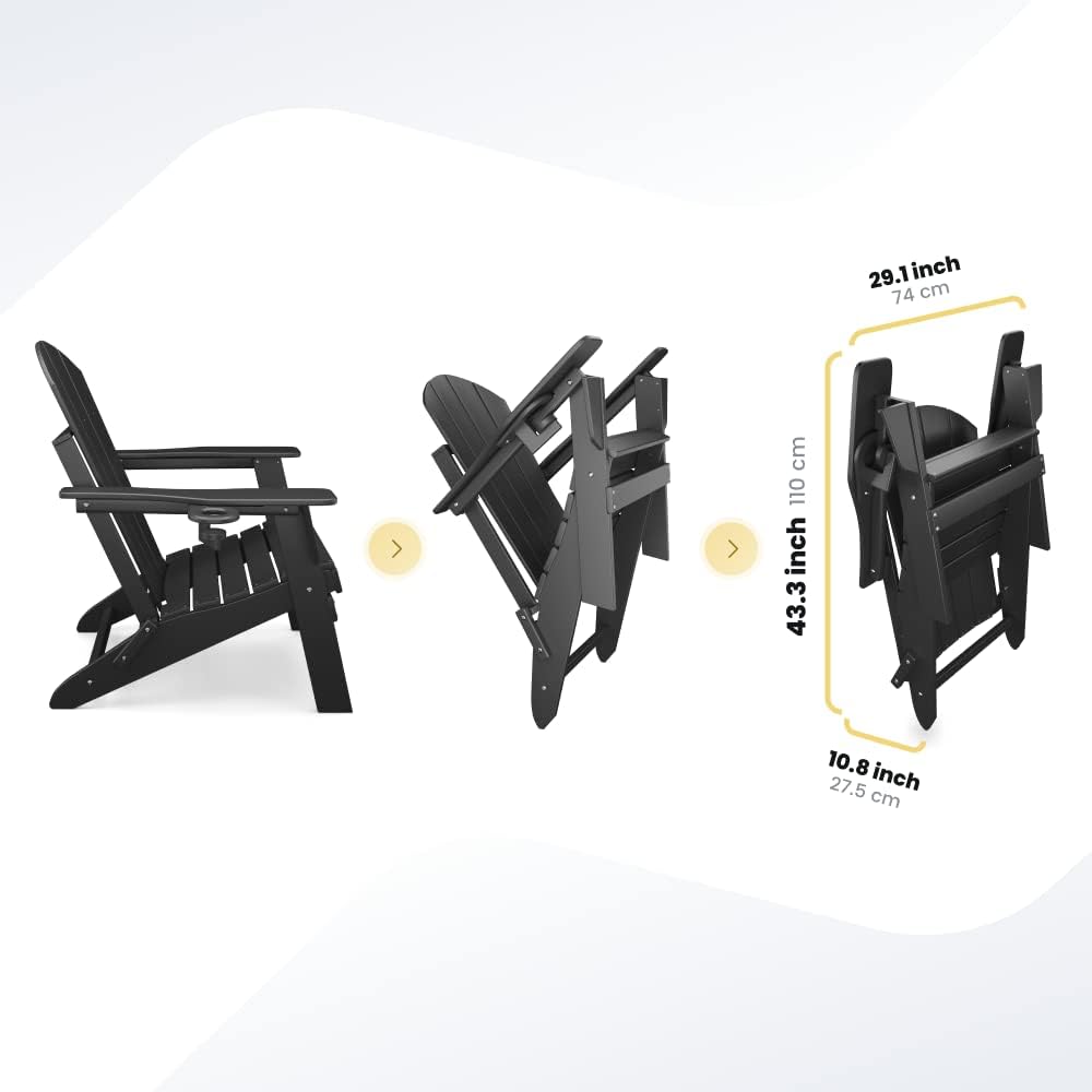 Adirondack Folding Chair for Garden, Patio or Deck - Arm Rests and Cup Holder - Lightweight, Weatherproof - Stylish, Durable Outdoor Furniture for Fire Pit, Beach, Poolside, Porch (Black)