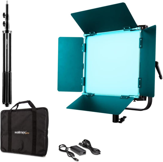 Walimex pro Rainbow 50W LED RGB vlaklamp 1-delige set met statief - set van 1x studielamp videolamp + 1x statief, lamp 360 kleuren, 50W 3200-999K CRI 95, V-Mount accu, dimbaar, app of DMX