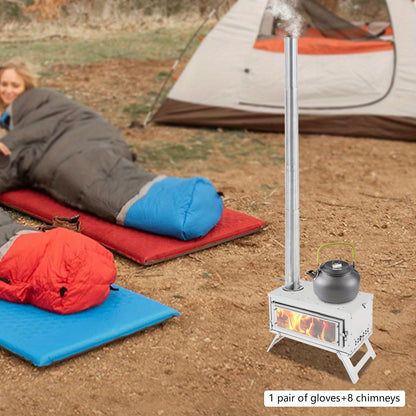 Houtkachel – Campingkachel – Tentkachel – Outdoorkachel – Backpacking Kachel – Roestvrijstaal – Compact & Draagbaar – Inclusief 8 Schoorsteenpijpen & Handschoenen