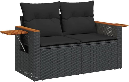2-Zits Tuinbank – Tuinmeubel – Loungeset – Balkonbank – Polyrotan Bank – Zwart – Weerbestendig Polyrotan – Inklapbaar Bijzettafeltje