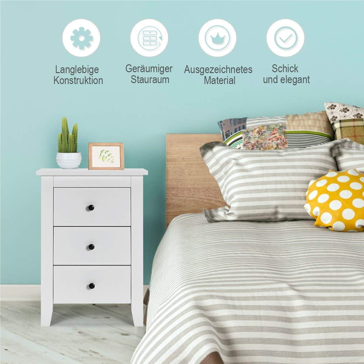 Nachtkastje – Bedtafel – Bedzijtafeltje – Nachtkast – Opbergkast – 2 stuks – 3 lades – Wit MDF – 46x37x65 cm