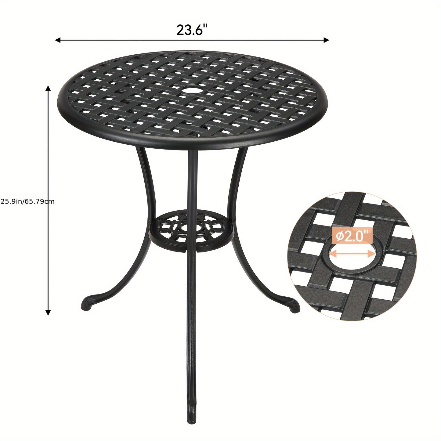 Buitentafel Rond – Bistrotafel – Tuin tafel – Balkon tafel – Terras tafel – Zwart – 60,96 cm Met Parasolgat – Gietaluminium Met Wicker Tafelblad – Weerbestendig En Stevig