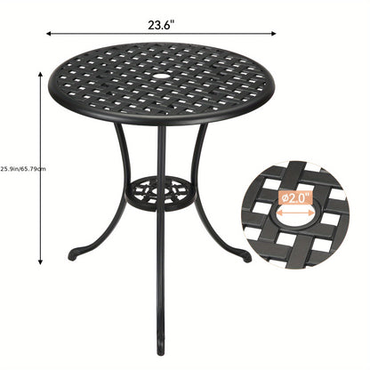 Buitentafel Rond – Bistrotafel – Tuin tafel – Balkon tafel – Terras tafel – Zwart – 60,96 cm Met Parasolgat – Gietaluminium Met Wicker Tafelblad – Weerbestendig En Stevig
