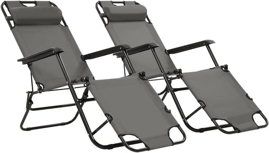 Zonne-ligstoel – Ligstoel – Tuinstoel – Strandstoel – Campingstoel – Inklapbaar – Weerbestendig 600D Polyester – Verstelbare Rugleuning en Voetensteun – Grijs – Set van 2