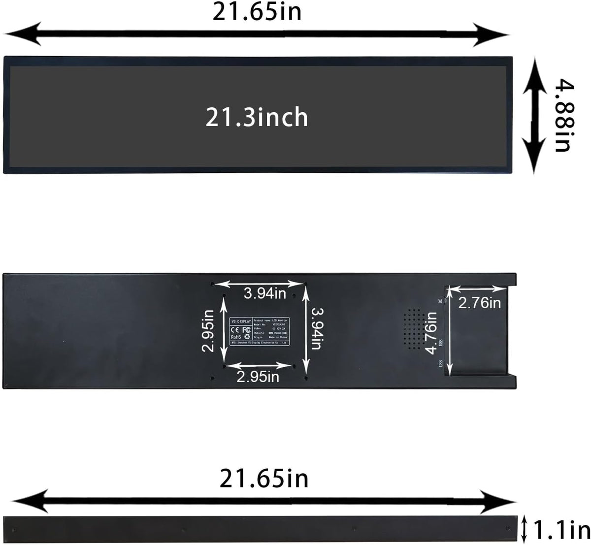 VSDISPLAY Draagbare Reclame Uitgerekte Bar LCD Monitor, 21.3 duim 1920x360 500 neten IPS Scherm met USB 2.0 Videopoort, Auto-play, Gespleten Vertoning