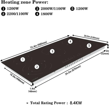 Keramische Kookplaat – Elektrische Kookplaat – Inductiekookplaat – Vaatkookplaat – Kookplaat Met 5 Branders – 90 cm Breed – 9 Vermogensstanden – Veiligheidsvergrendeling – 8400W
