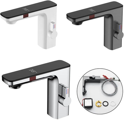 Smart Sensor Wastafelkraan, Badkamer Wastafel Sensor Kranen Digitaal Display Screen Warm Koud Water Mengkraan, Touchless Automatische Kraan 1/2" (Chroom)