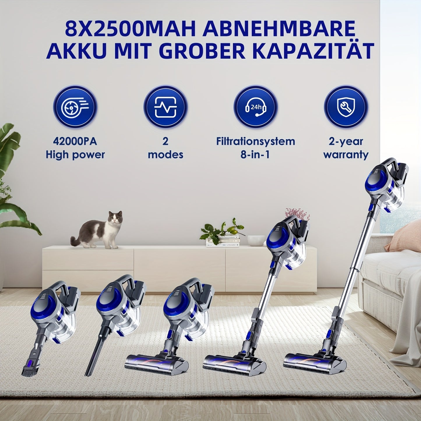 Cordless Vacuum Cleaner 42000pa- Versatile 8-in-1 Upright Vacuum Cleaner- Brushless Motor - 55 Minute Auto Run - Removable Battery.
