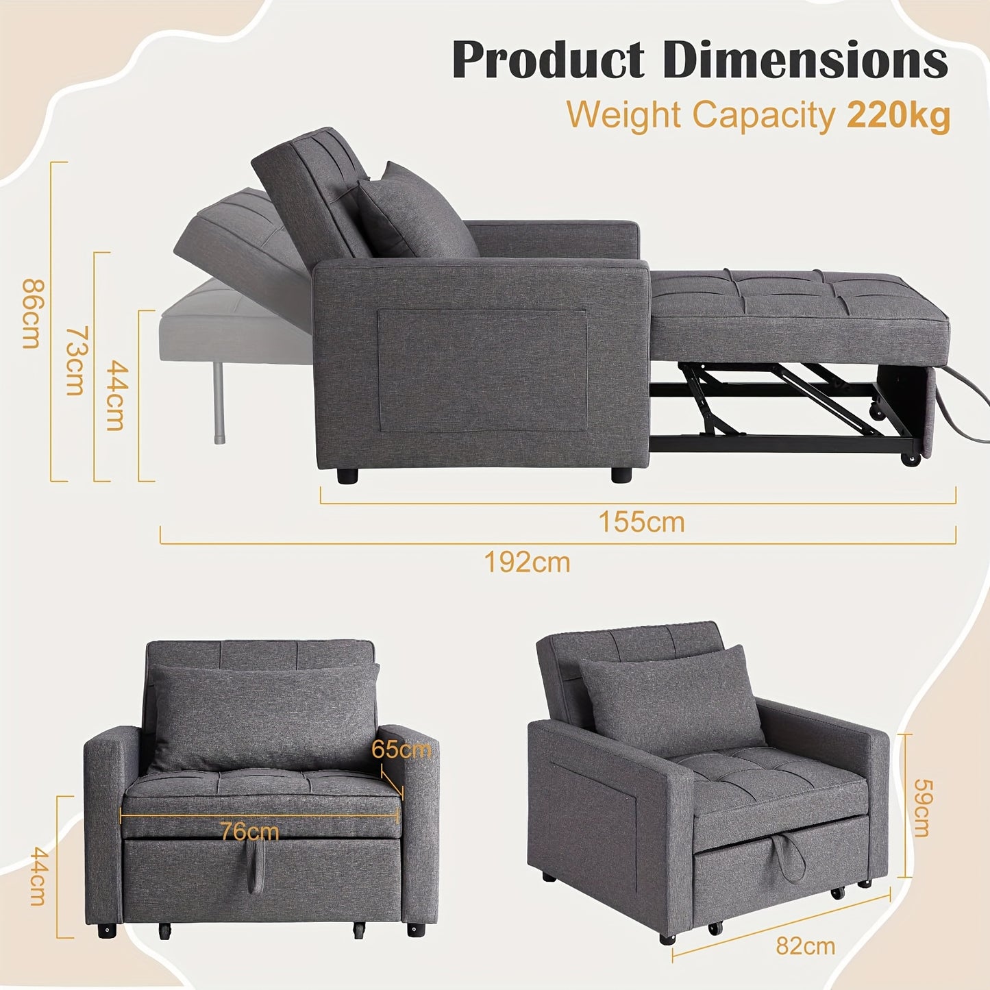 3-in-1 Slaapstoel – Slaapbank – Loungestoel – Relaxzetel – Opklapbare Stoel – Verstelbare Rugleuning 90°-180° – Stevig Metalen Frame – Donkergrijs Linnen