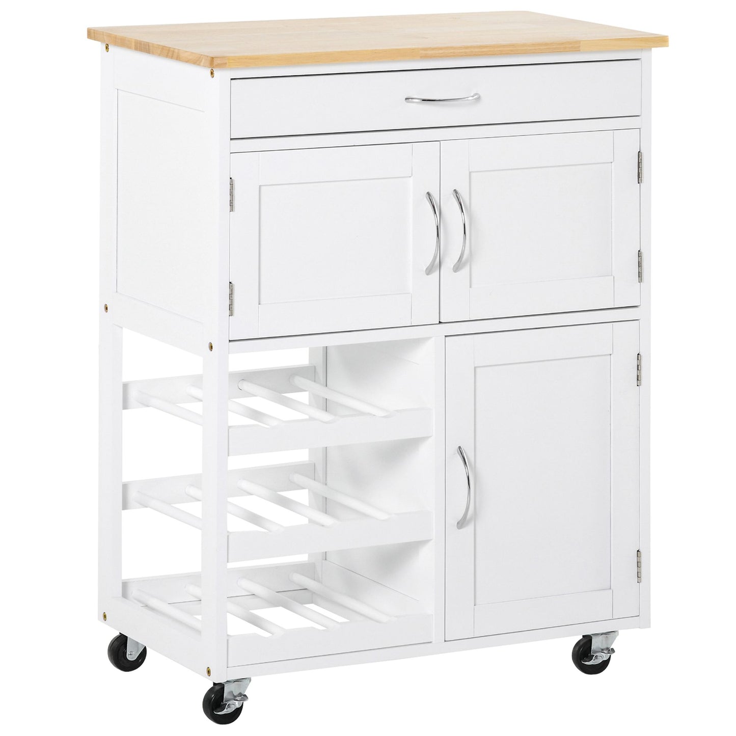 Keukenkast – Dressoir – Opbergkast – Buffetkast – Kast met Lade – MDF Wit – Rubberen Houten Blad – 2 Kastdeuren – 9 Flessenrek