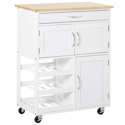 Keukenkast – Dressoir – Opbergkast – Buffetkast – Kast met Lade – MDF Wit – Rubberen Houten Blad – 2 Kastdeuren – 9 Flessenrek