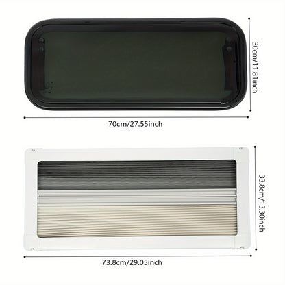 Caravanraam – Camperraam – Uitzetraam – Schuifraam – Zijraam – Aluminium Frame – Zwart Gehard Glas – 85° Verstelbaar – Ventilatieraam 70x30 cm