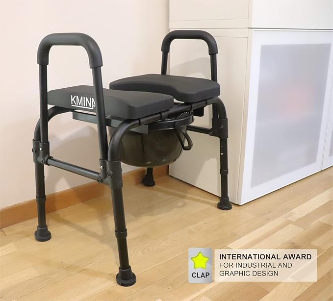 KMINA - Handicap Toiletstoel voor Ouderen met Verstelbare Zitting (180 kg), Stevige Toiletcommode voor Senioren in Hoogte Verstelbaar, 3 in 1 Toiletstoel met Emmer, Toiletcommode - Made in Europe