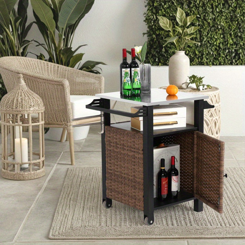 Serveerwagen – Mobiele Barwagen – Barkeep Trolley – Tuinwagen – Keukenwagen – Bruin Rattan Met Roestvrij Stalen Uitschuifbaar Werkblad – Weerbestendig Stalen Frame Met Wieltjes