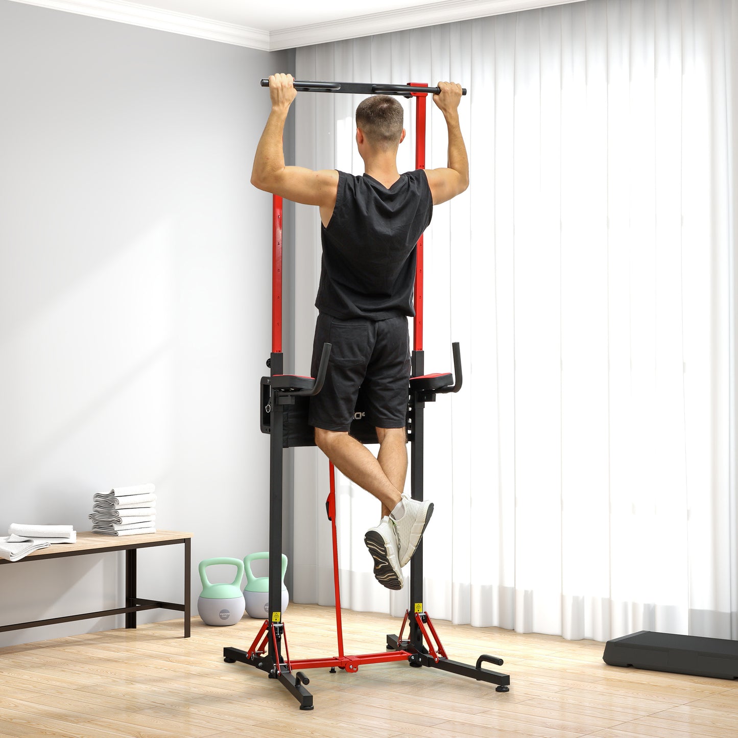 Pull-up Bar – Optrekstang – Dips Station – Fitness Rek – Trainingsstation – Inklapbaar – Verstelbare Hoogte 127-223 cm – Staal Zwart/Rood