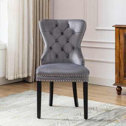 Velours Eetkamerstoelen – Stoelen Set – Lounge Stoelen – Keukenstoelen – Slaapkamerstoelen – Grijs Velours – Eikenhouten Poten – Vintage Knopbeslag