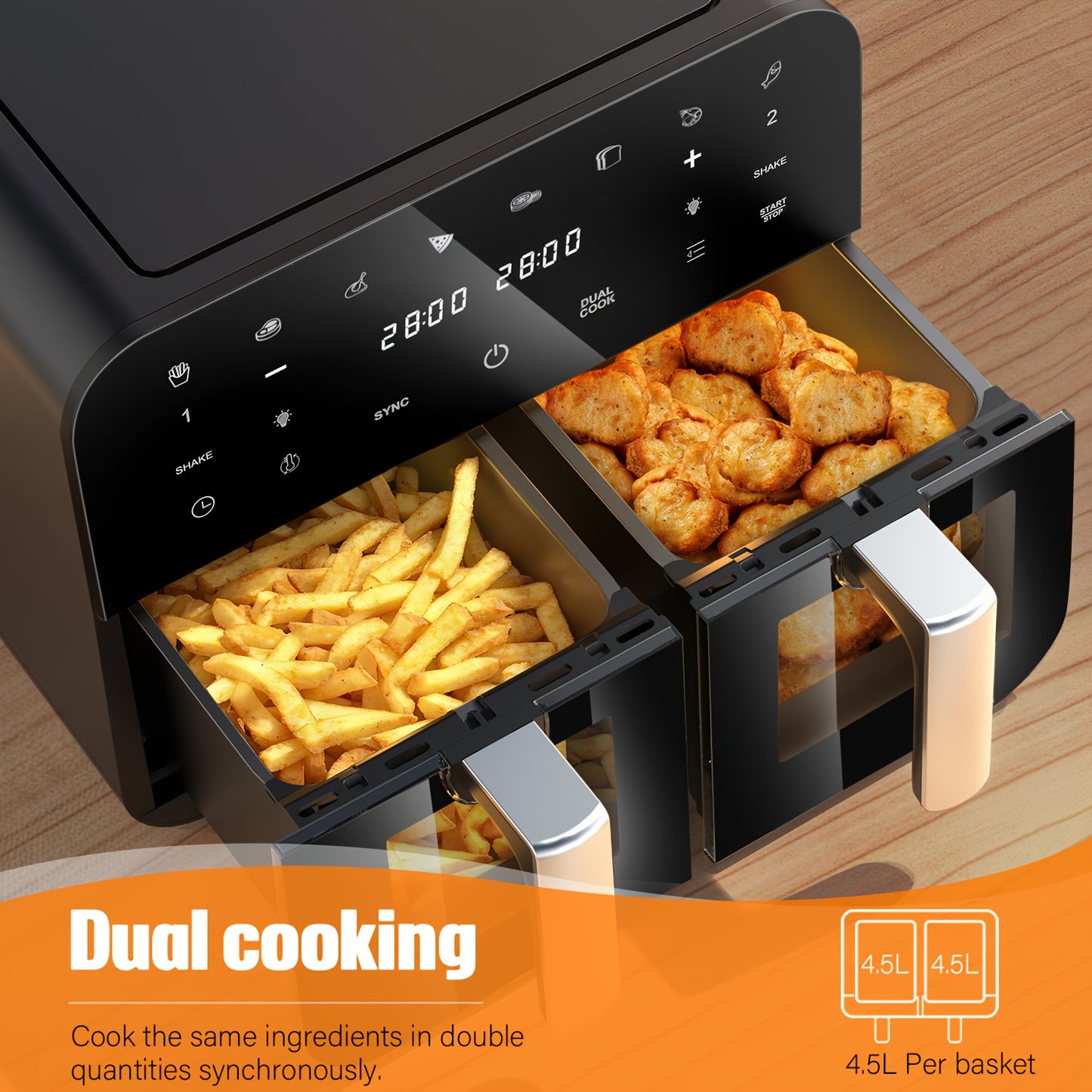 Airfryer – Heteluchtfriteuse – Dubbele Airfryer – Airfryer Met Venster – XXL Airfryer – 10L Capaciteit – 304 RVS – 2400W Power
