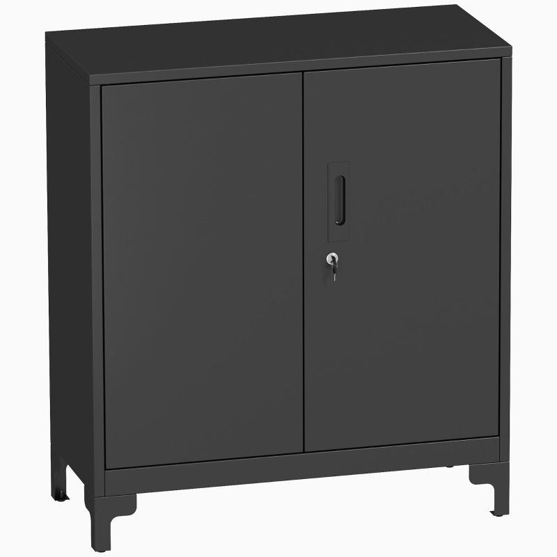 Opbergkast – Metalen Kast – Lockerkast – Archiefkast – Kantoorkast – Zwart Metalen Frame – Houtlook Deuren – 2-Laags – Vergrendelbaar Sleutelslot