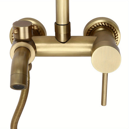 1 Set Antique Brass Shower System - Heavy-Duty Brass & Wall-Mounted Rain Shower Head with Handheld Attachment, 3-Spray Modes (Rain/Handheld/Combination), Fit for Modern Bathroom, Vintage Bath Set for Hot & Cold Water