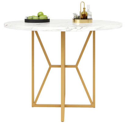 Ronde Eettafel – Eetkamertafel – Keukentafel – Woonkamertafel – Ronde Tafel – Gouden Metalen Poten – Marmerlook MDF Blad – 80x80x76 cm – Geschikt Voor 4-6 Personen