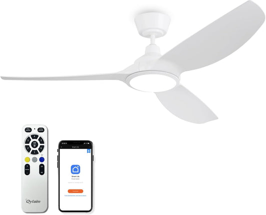 Ovlaim Plafondventilator, 132 cm, met kunststof bladen en ledverlichting, incl. afstandsbediening, DC-energiebesparende motor, ultralicht, voor zomer en winter, wit [energieklasse D].