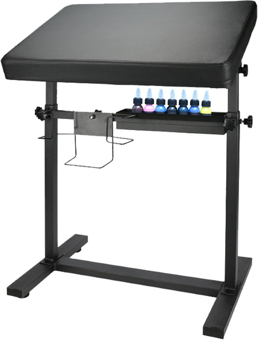 In hoogte verstelbare tattoo-armleuning XL (60 x 40 cm) met 340° draaifunctie, stabiele roestvrijstalen basis en PU-lederen bekleding, inclusief opbergrek voor pigmenten/handschoenen