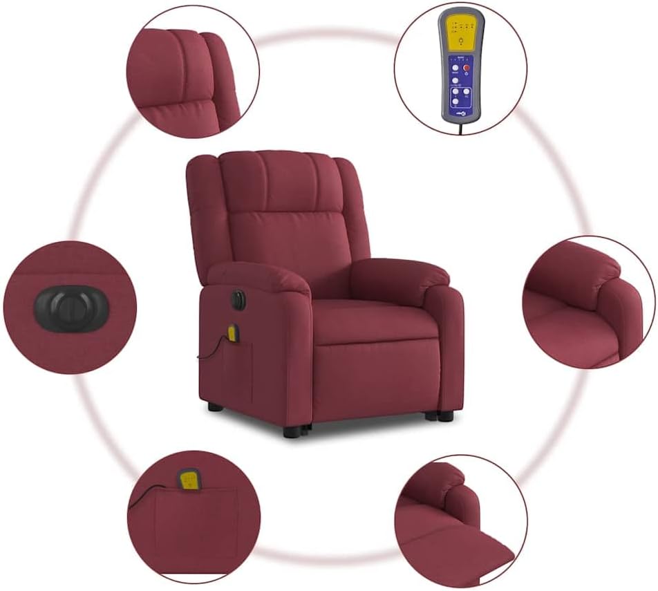 Elektrische Massagestoel – Sta-op Stoel – Relaxfauteuil – TV Fauteuil – Verstelbare Ligstoel – Wine Red Stof – Elektrische Kantelfunctie – 6-Punts Massage
