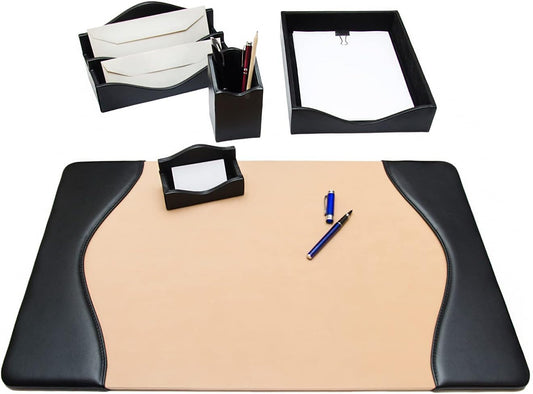 Bureauset 5-delig - 100% Volnerf Leer, natuurlijke look - Handgemaakt in Italië door ambachtslieden - Elegant en functioneel, ideaal voor op kantoor - Zwart
