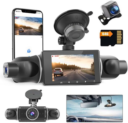 Dashcam – Autocamera – Rijcamera – Auto DVR – Autorecorder – 1080P 4-Kanaals 360° Groothoek – WiFi & App-Bediening Met 64 GB SD-Kaart