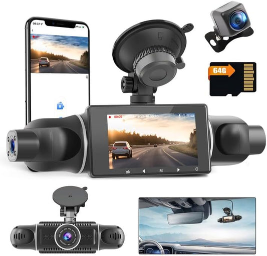 Dashcam – Autocamera – Rijcamera – Auto DVR – Autorecorder – 1080P 4-Kanaals 360° Groothoek – WiFi & App-Bediening Met 64 GB SD-Kaart