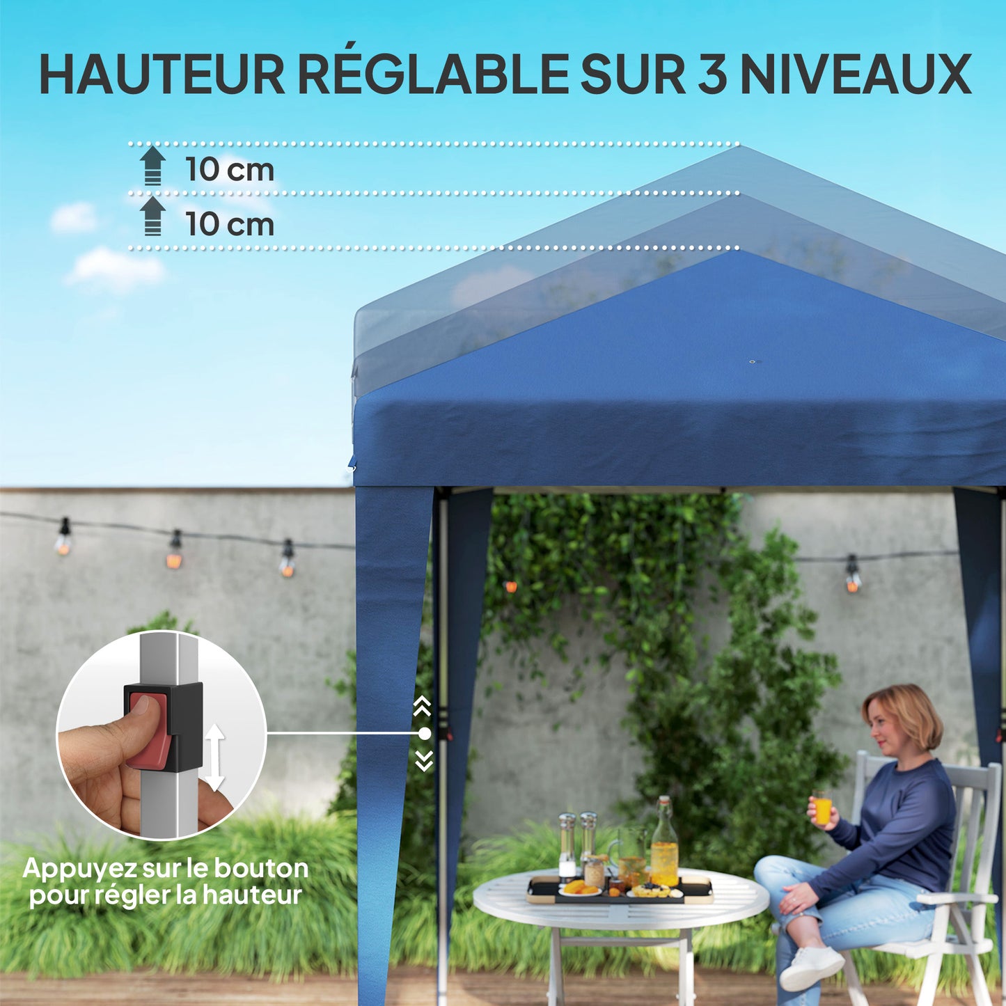Partytent – Tuinpaviljoen – Overkapping – Pop-up Tent – Schaduwdoek – Blauw – UV30+ Bescherming – Verstelbare Hoogte 202x202 cm