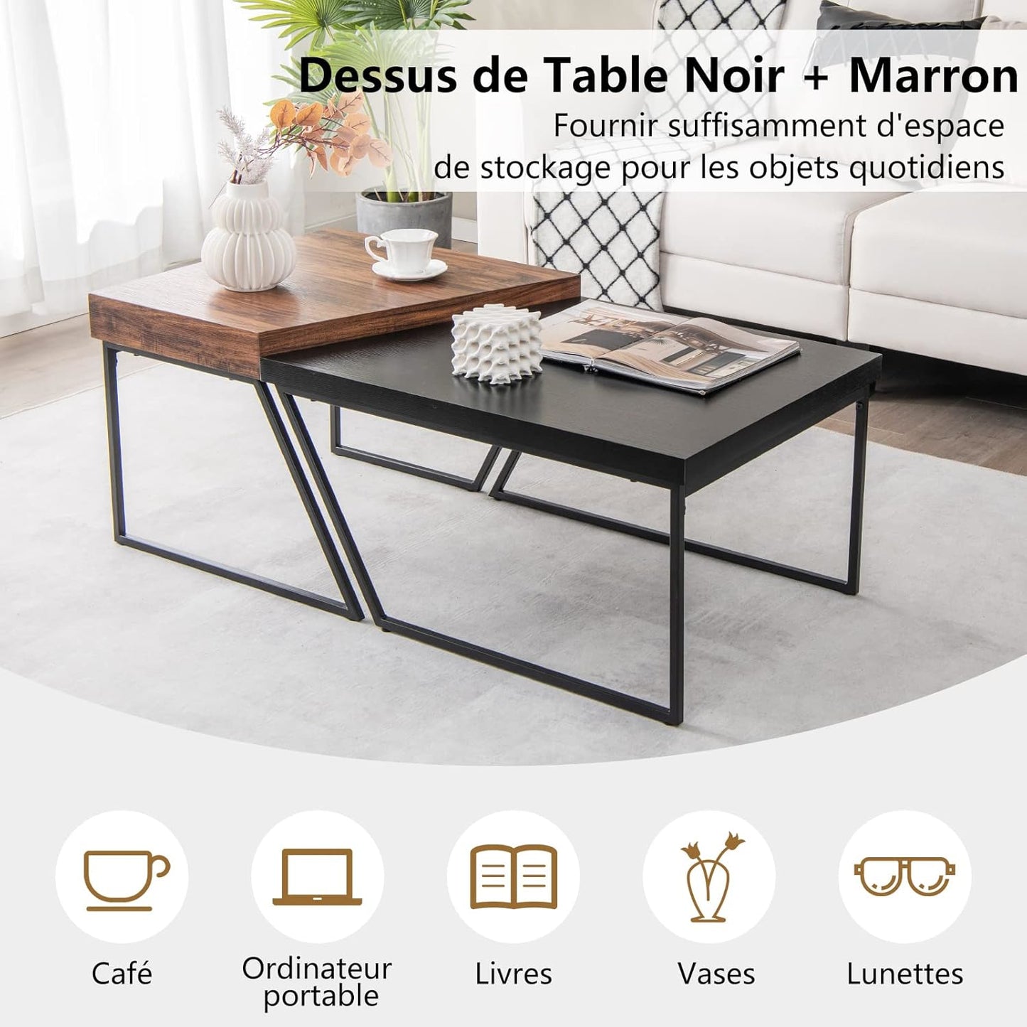 Salontafel – Koffietafel – Bijzettafel – Woonkamertafel – Tafeltje – Vintage Industrieel Design – Met 2 Tafels 120x60x46 cm – Met Verstelbare Anti-slip Voeten