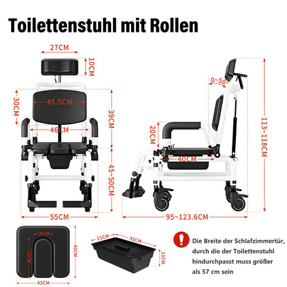 Toiletstoel – Postoel – Douchestoel – Commode Stoel – Opvouwbare Zitstoel – Verstelbare Zitting en Rugleuning – Inclusief Wielen met Remmen