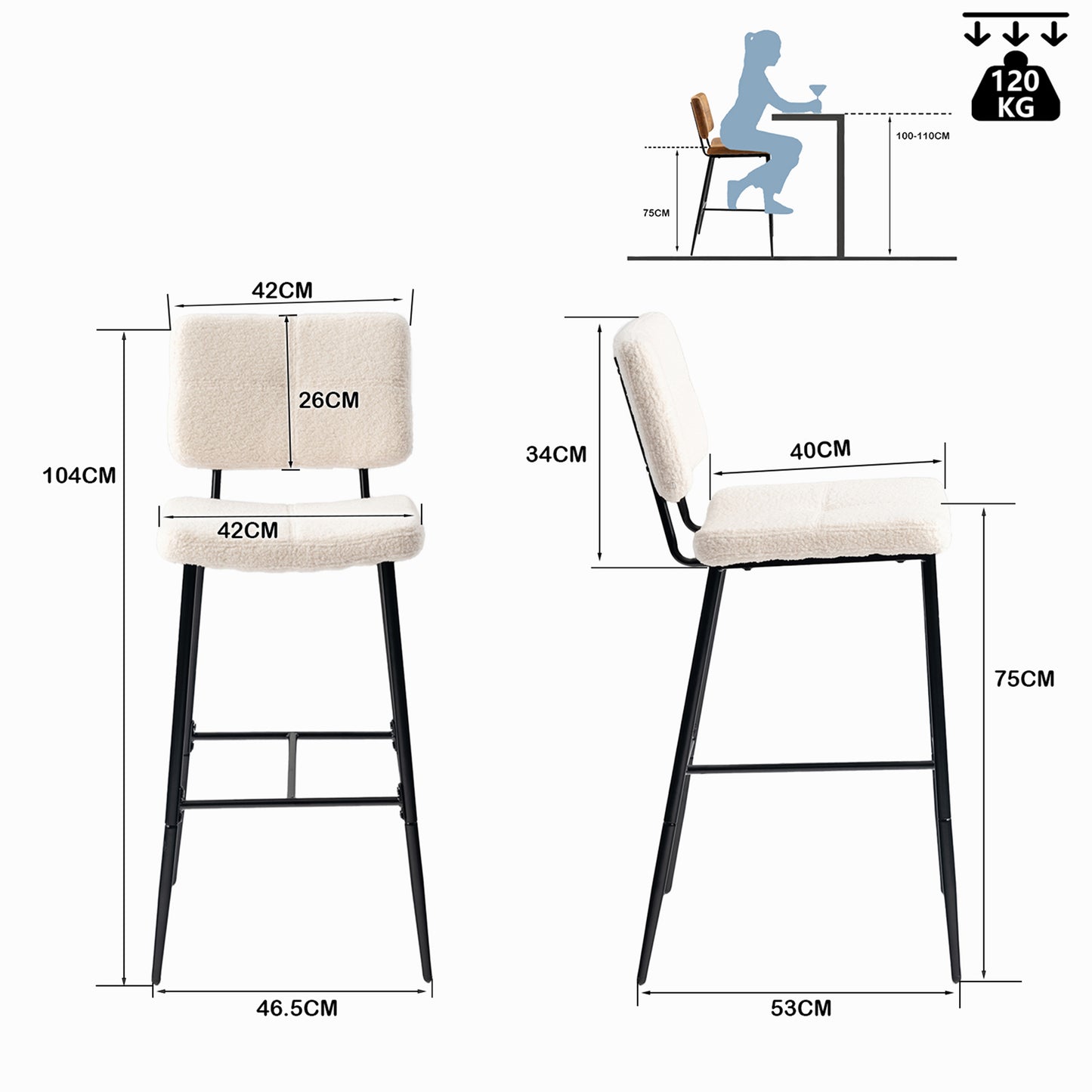 Barstoel – Barkruk – Barstoel Met Rugleuning – Keukenstoel – Barkrukken Set Van 2 – Scandinavisch Design – Fluwelen Bekleding – Metalen Frame – Zithoogte 75 cm – Compacte Afmetingen