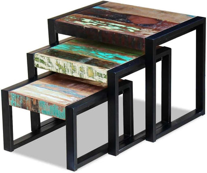 vidaXL 3x Side Table Solid Recycled Wood and Steel Frame Side Table
