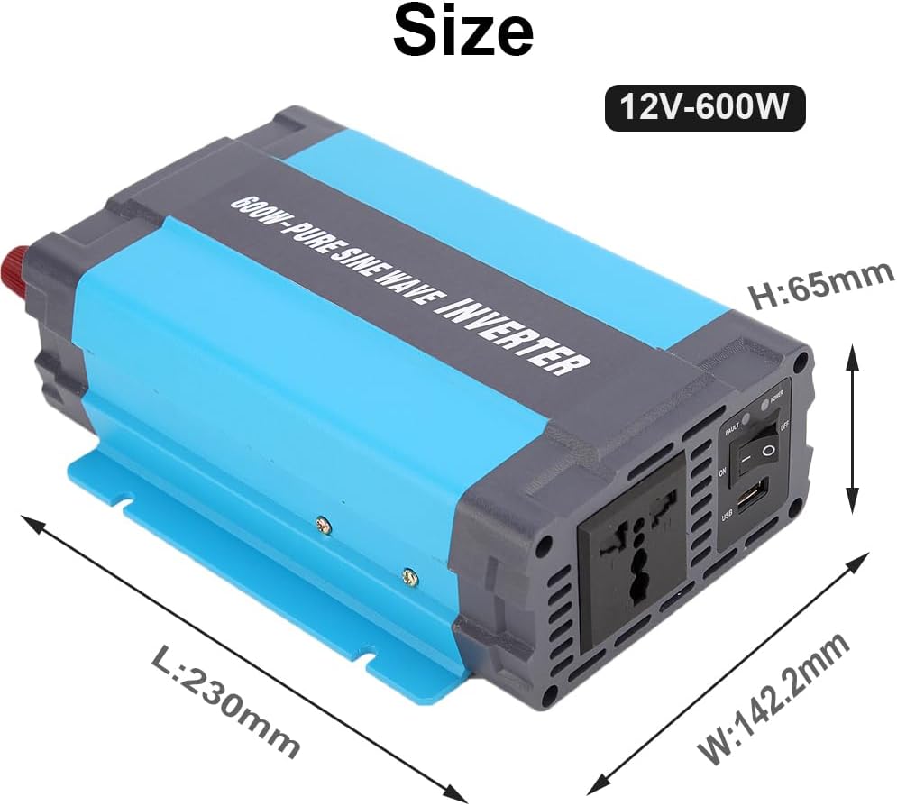 SolaMr 600W Power Inverter Pure Sine Wave 12V DC naar 220/230/240V AC Converter met USB 1 A oplaadpoorten en AC-uitgangen voor in het voertuig gemonteerde systemen en thuissystemen - 600W