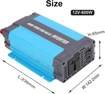 SolaMr 600W Power Inverter Pure Sine Wave 12V DC naar 220/230/240V AC Converter met USB 1 A oplaadpoorten en AC-uitgangen voor in het voertuig gemonteerde systemen en thuissystemen - 600W