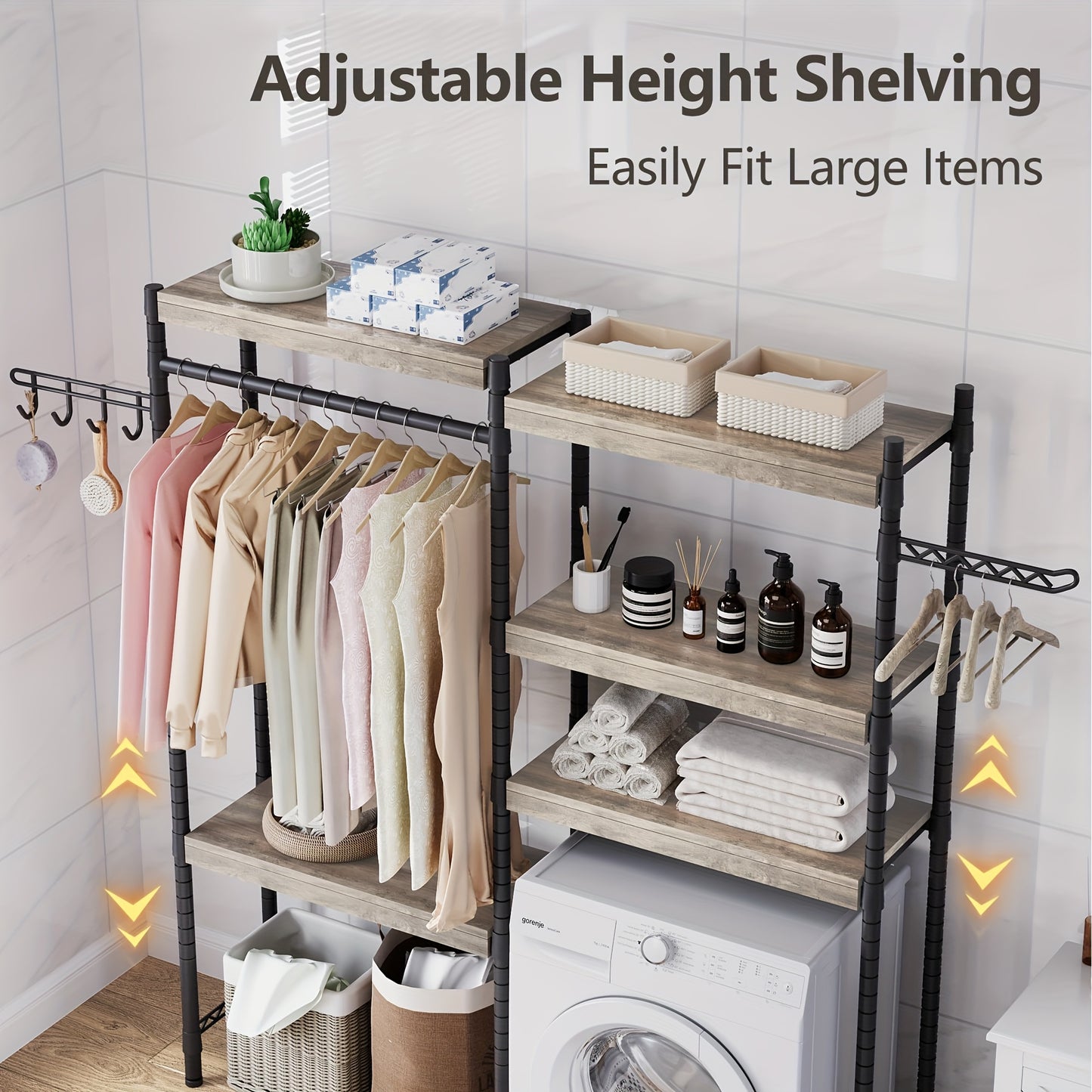 5-Tier Heavy-Duty Over-The-Washer & Dryer Storage Shelf with Drying Racks - Space-Saving Laundry Room Organizer, Freestanding Multi-Shelf Unit with Hanging Rods, Washer/Dryer Compatible Cabinet for Home (Easy Assembly)
