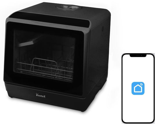 Black Portable Countertop Dishwasher with App Control - 900W 5 Washing Programs - Compact Mini Dishwasher for Apartments, Stainless Steel & Small Kitchens, No Hookup Needed – 42.5 x 43 x 45.7