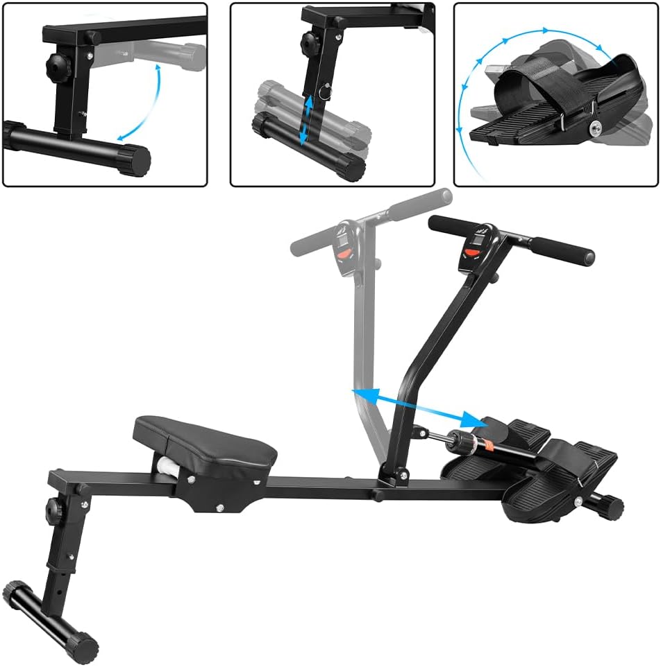 BAKAJI Rowing machine, foldable, space-saving and quiet, training device for indoor use, with LCD display and 12 resistance levels, gym, fitness, cardio (foldable rowing machine - QUORE